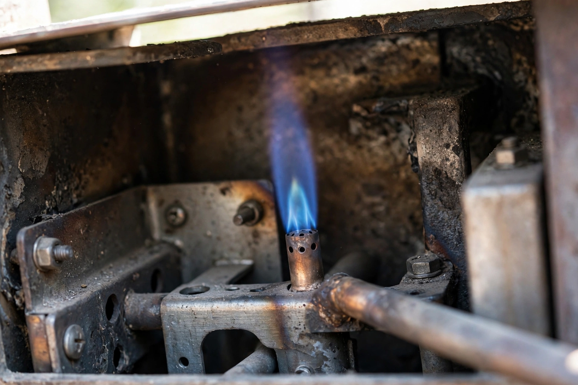 Blue pilot flame burning inside a furnace