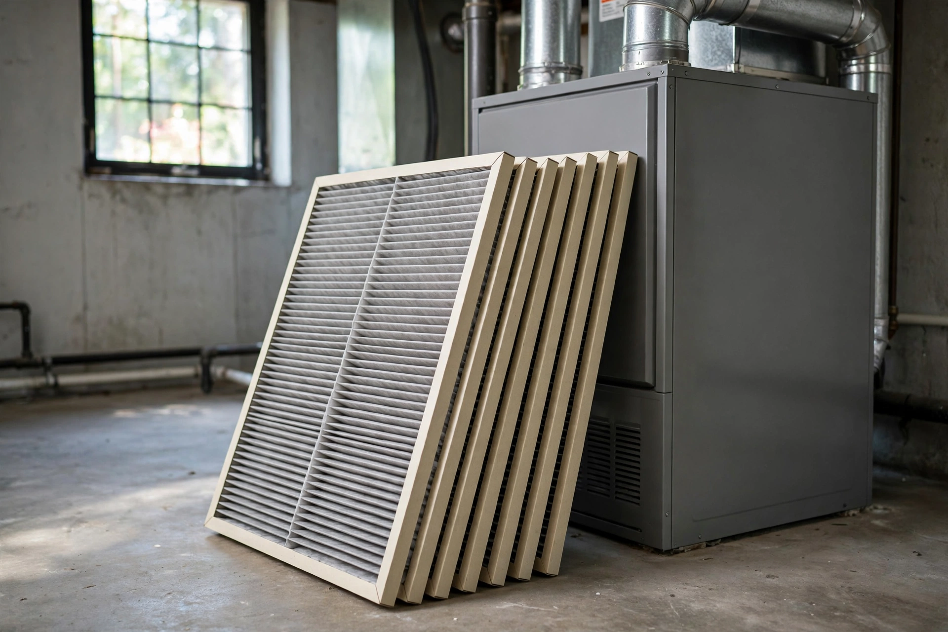 Stack of new pleated furnace filters beside a furnace