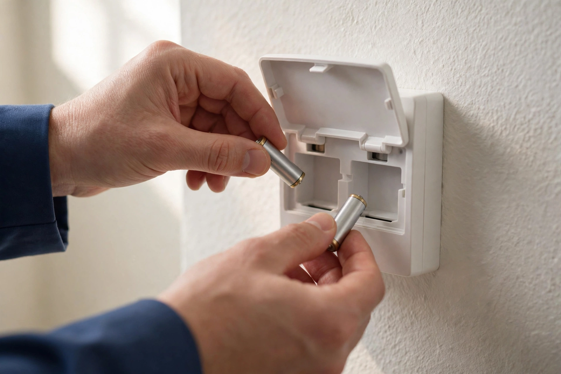 Hands inserting batteries into a wall thermostat