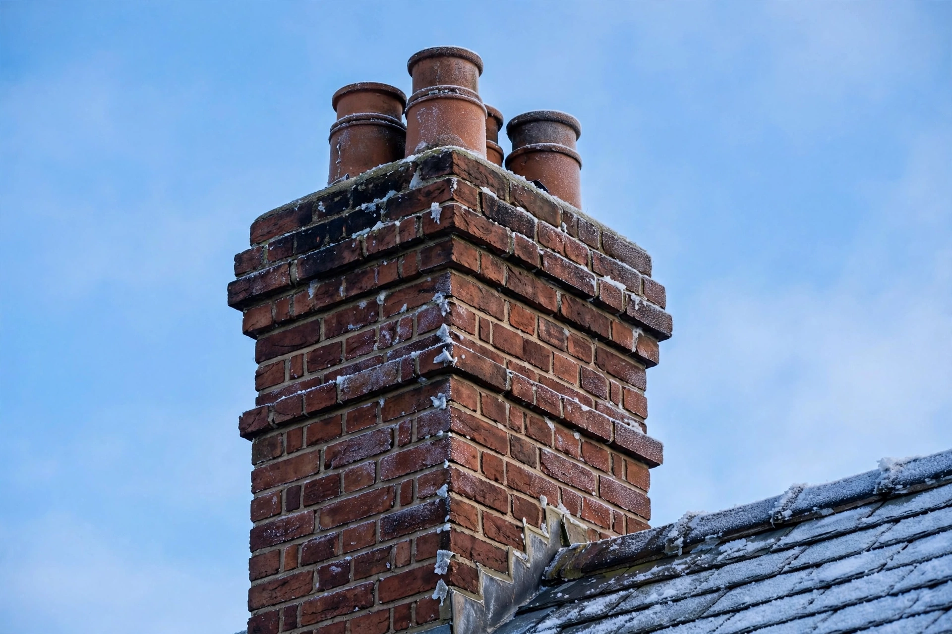 Brick chimney top against a winter sky
