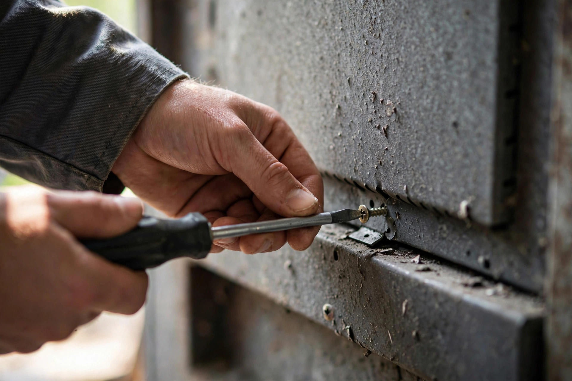 Screwdriver tightening a furnace panel screw
