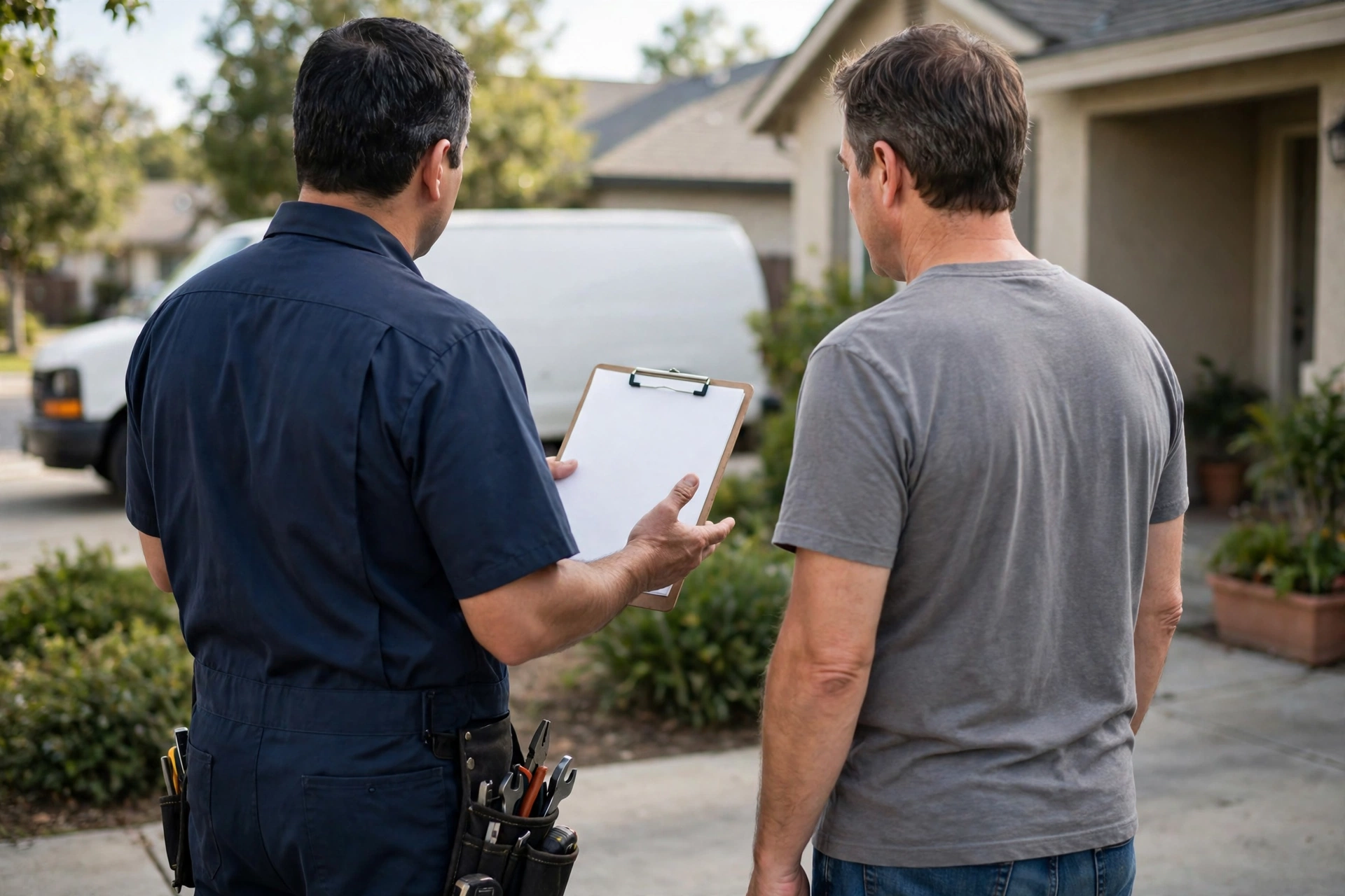 Technician explaining written findings to a homeowner