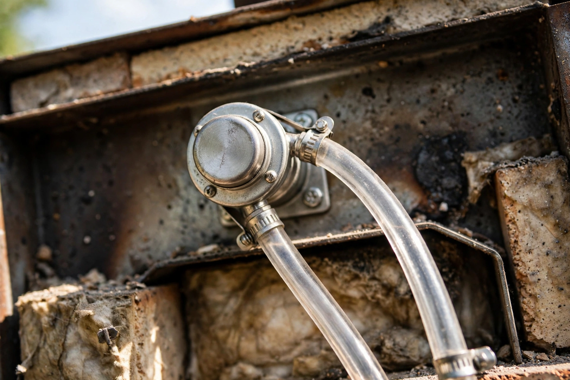 Round pressure switch with clear tubing inside a furnace