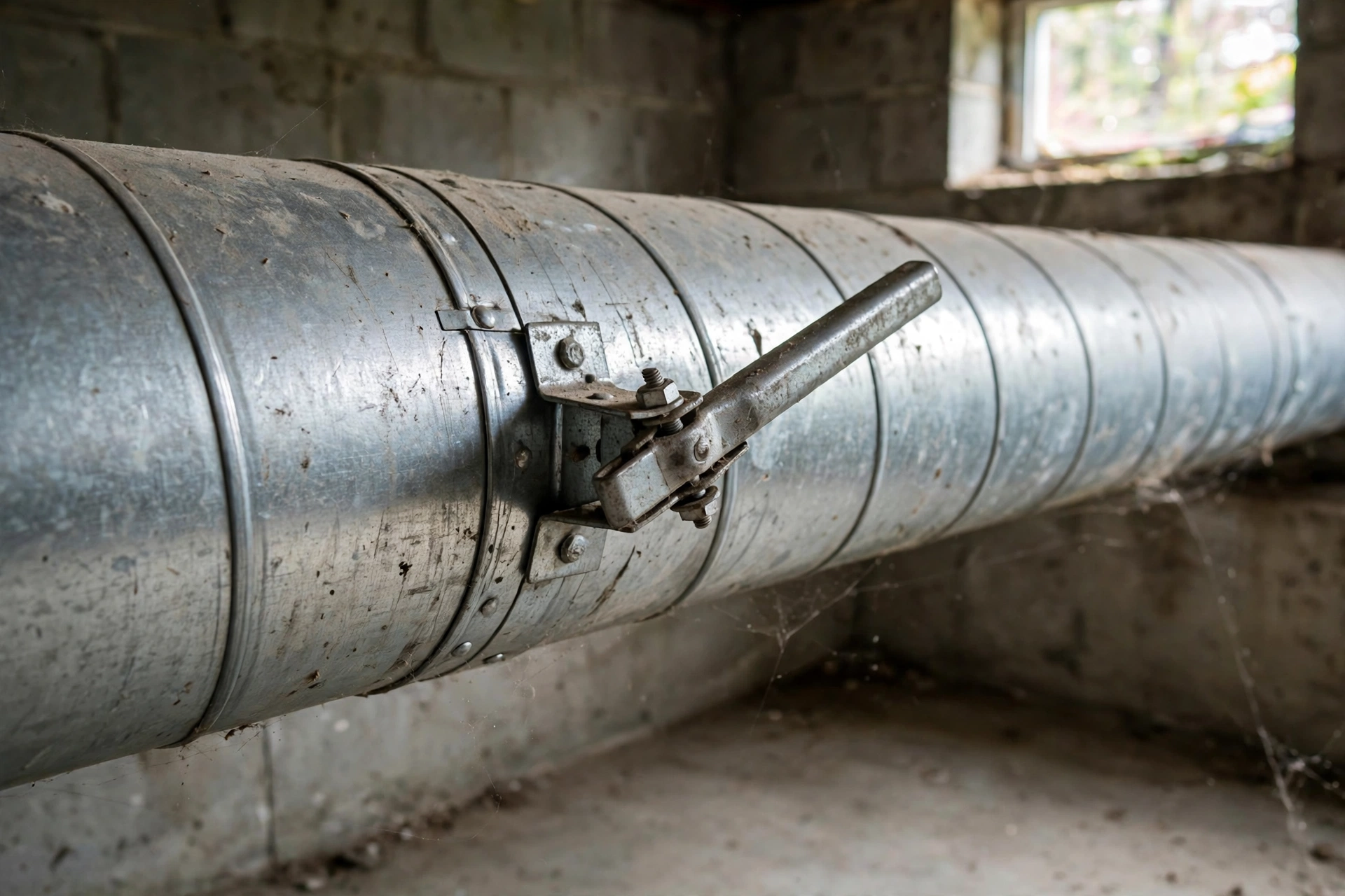 Metal duct damper lever on a round duct