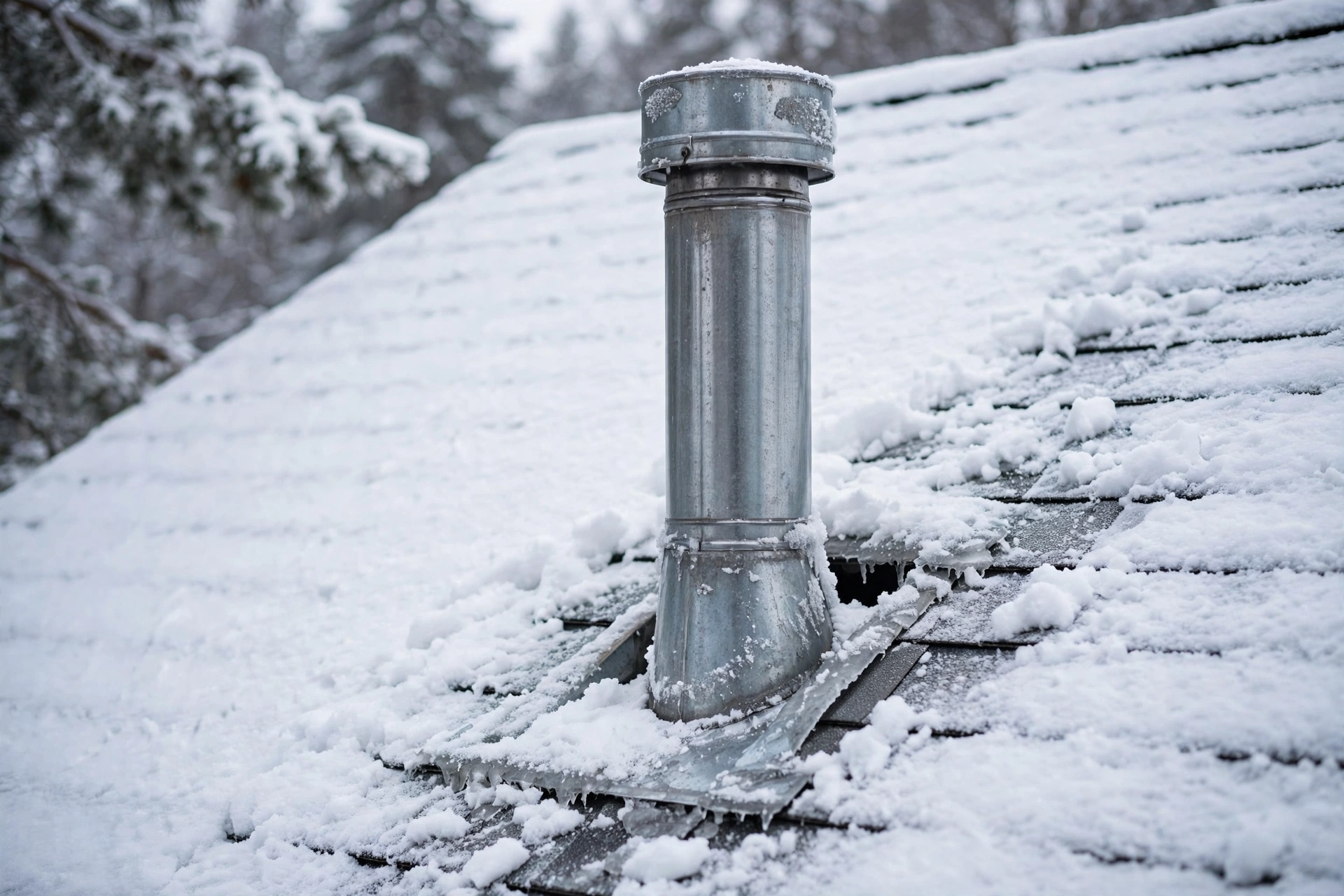 Metal flue pipe rising through a snowy roof