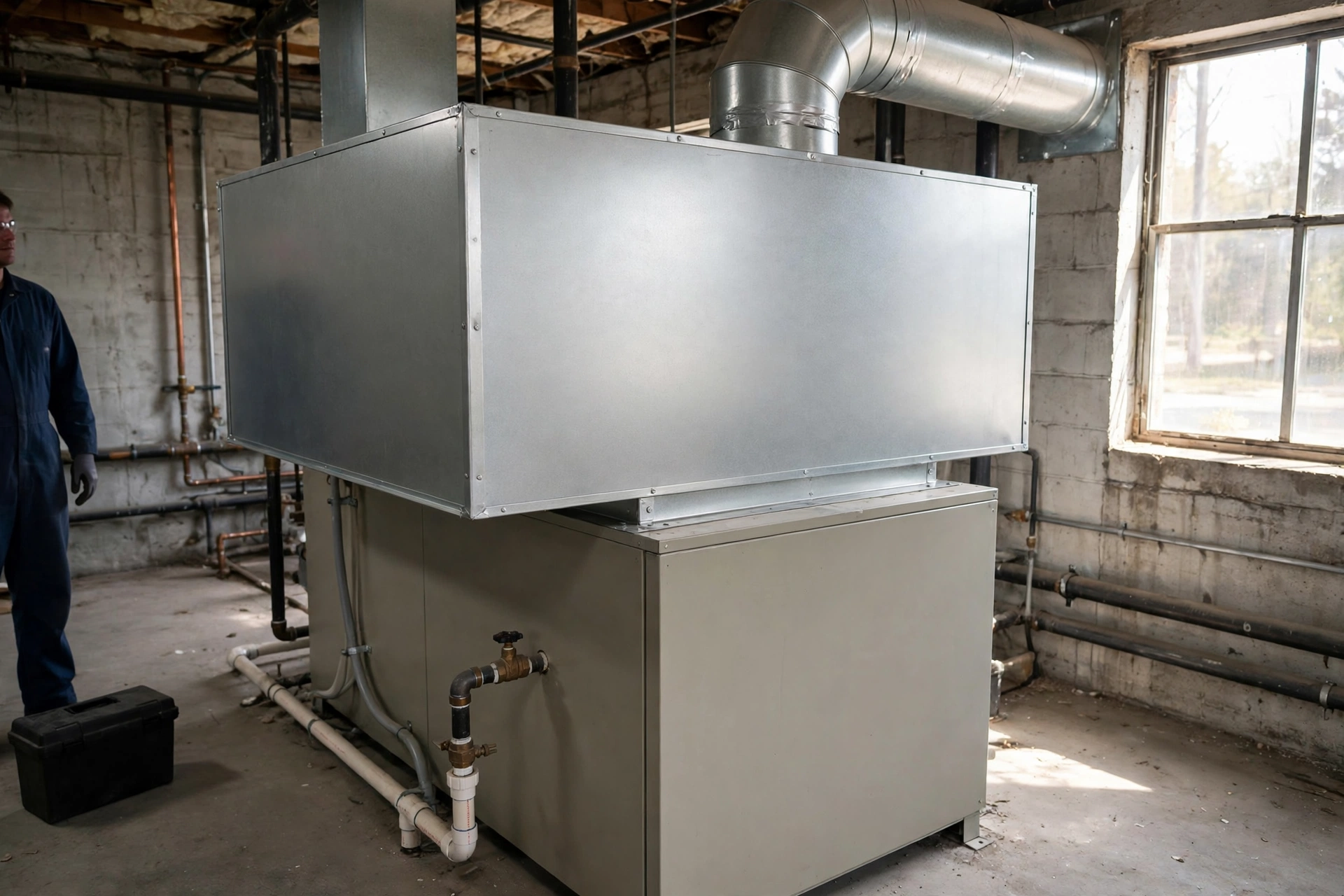 Large rectangular plenum box on top of a furnace