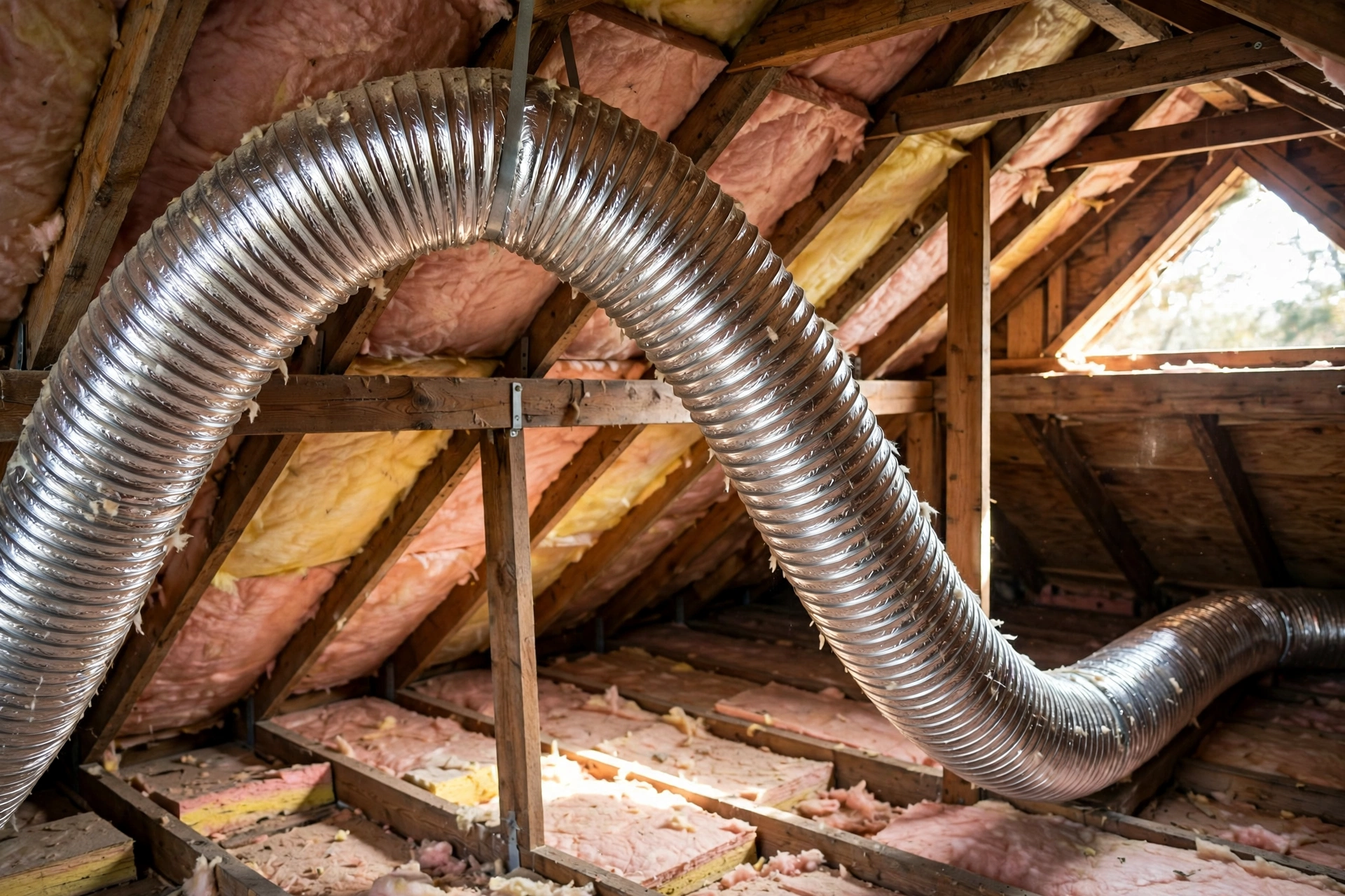 Flexible insulated duct curving through an attic