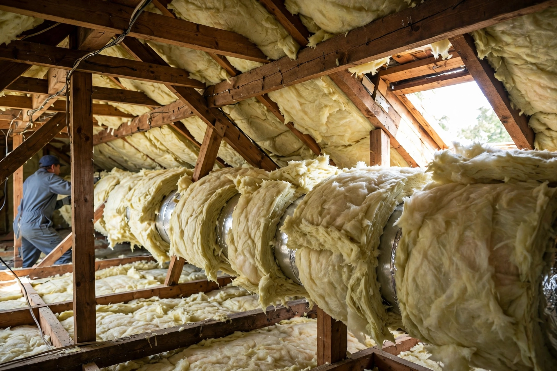 Thick attic insulation covering ductwork