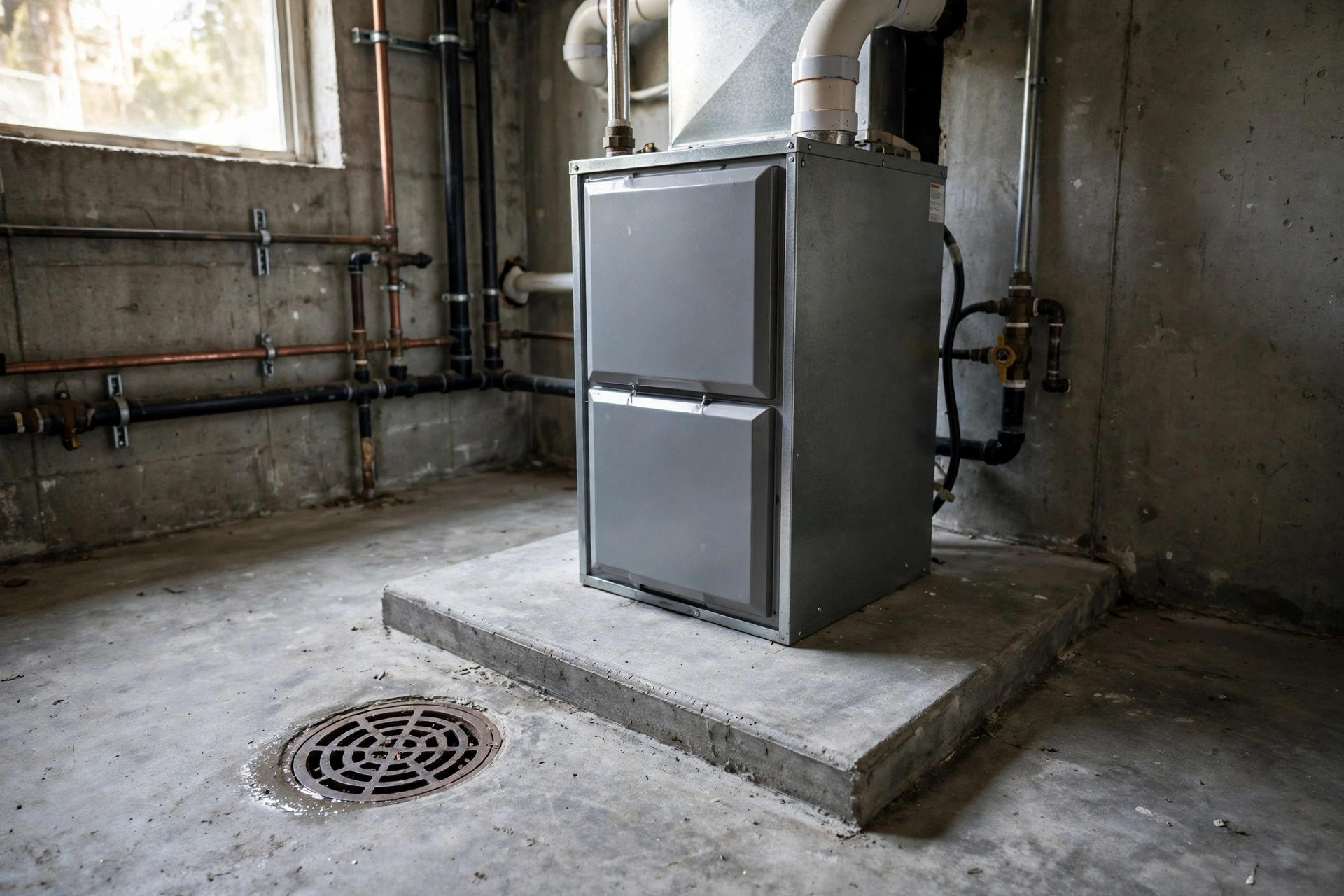 Furnace on a concrete pad with a floor drain nearby