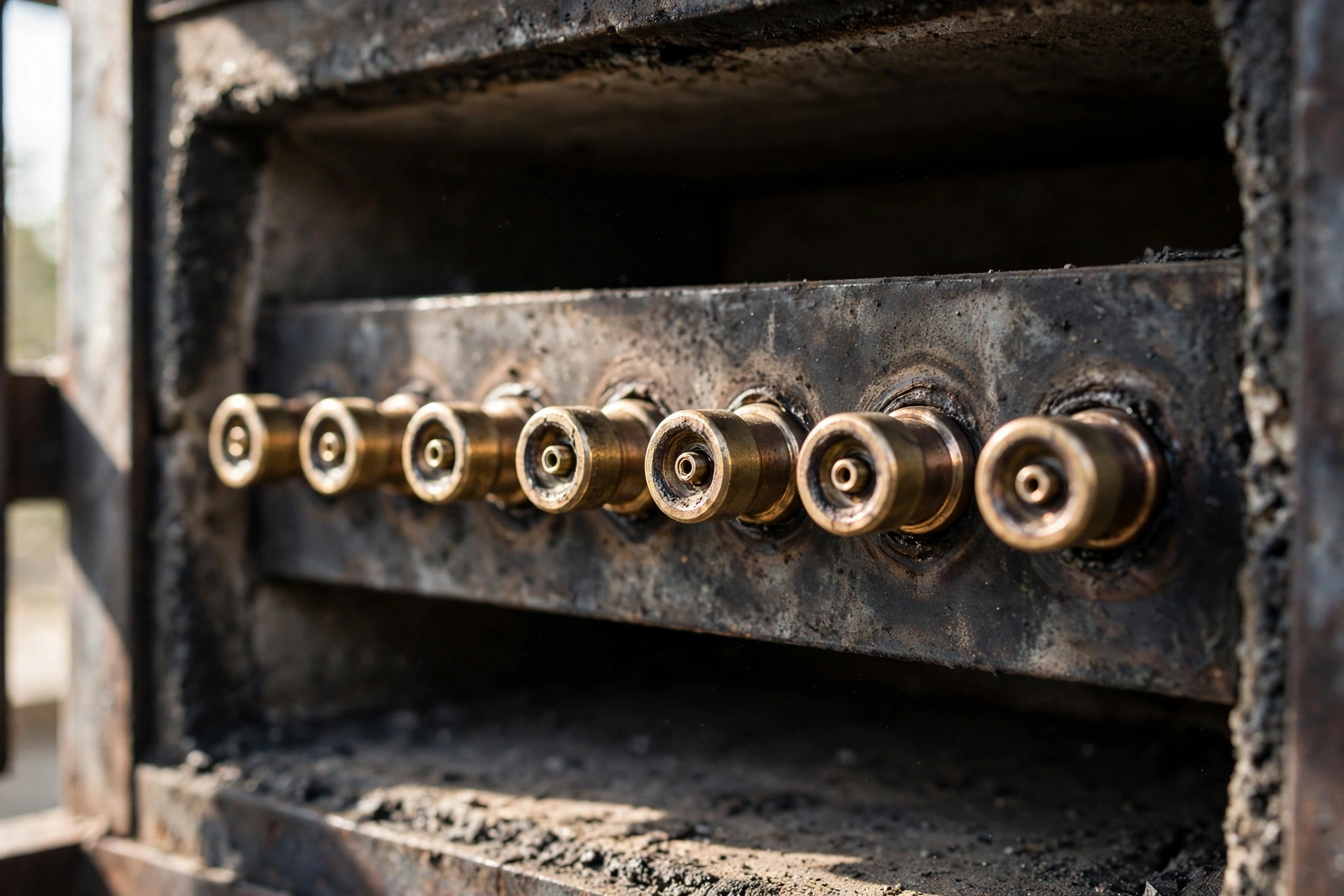 Row of small gas burner orifices inside a furnace