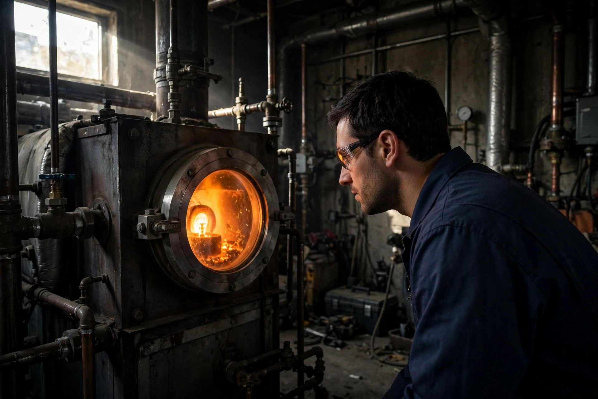 Igniter glowing orange through a furnace sight glass