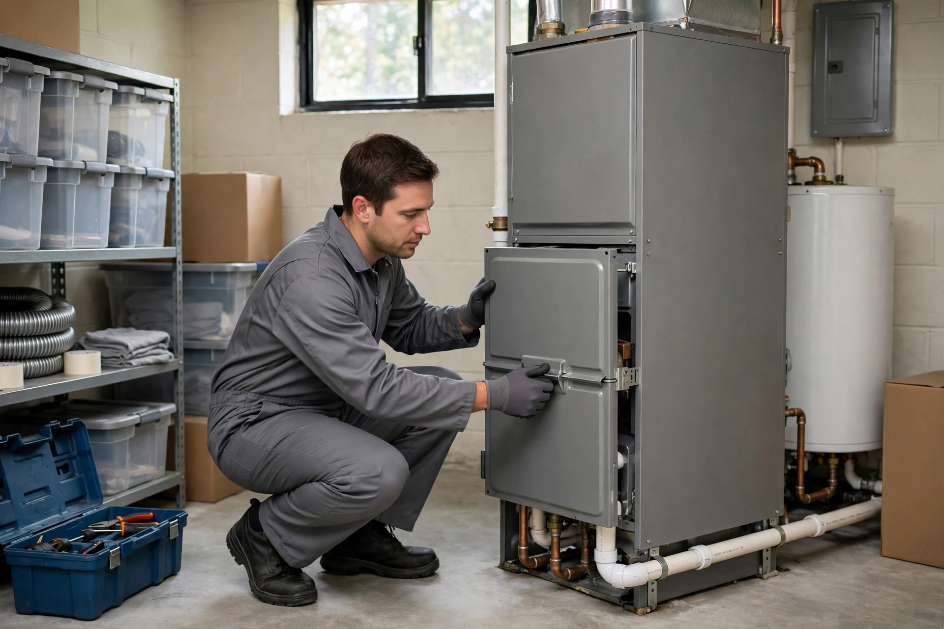 Technician closing the panel on a repaired furnace