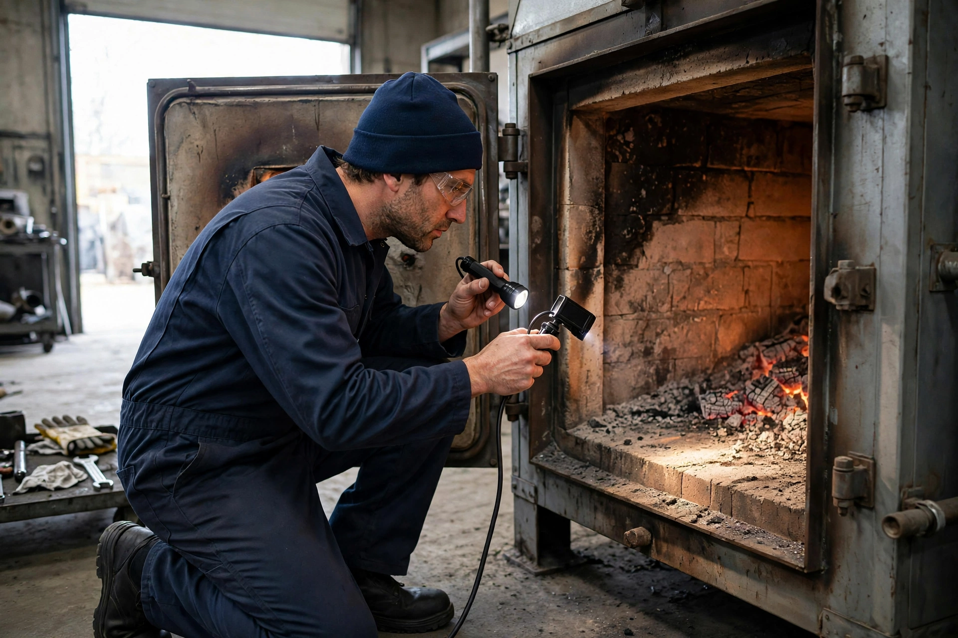 Technician inspecting a furnace with an inspection camera