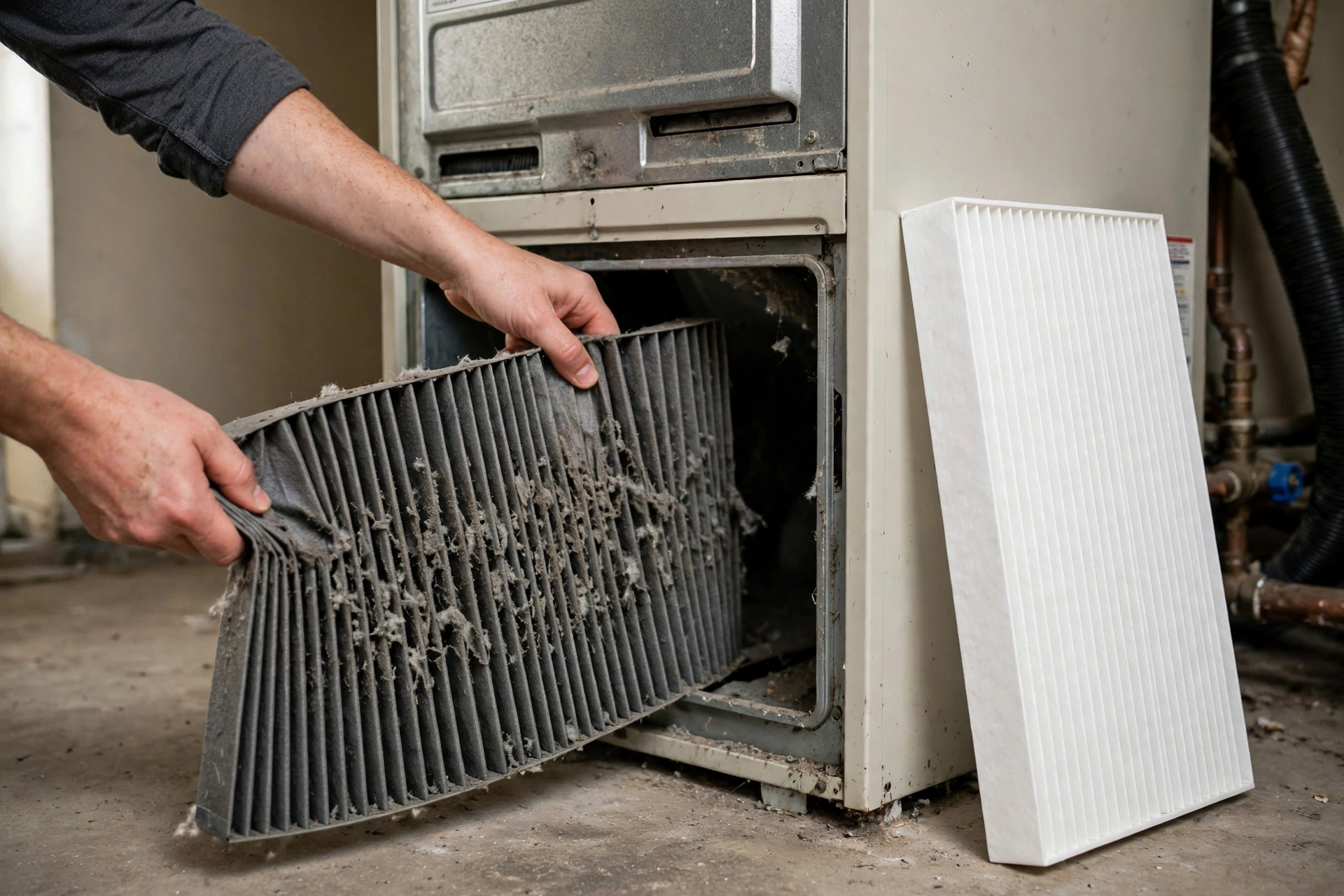 Hands pulling a clogged gray filter from the base of a furnace