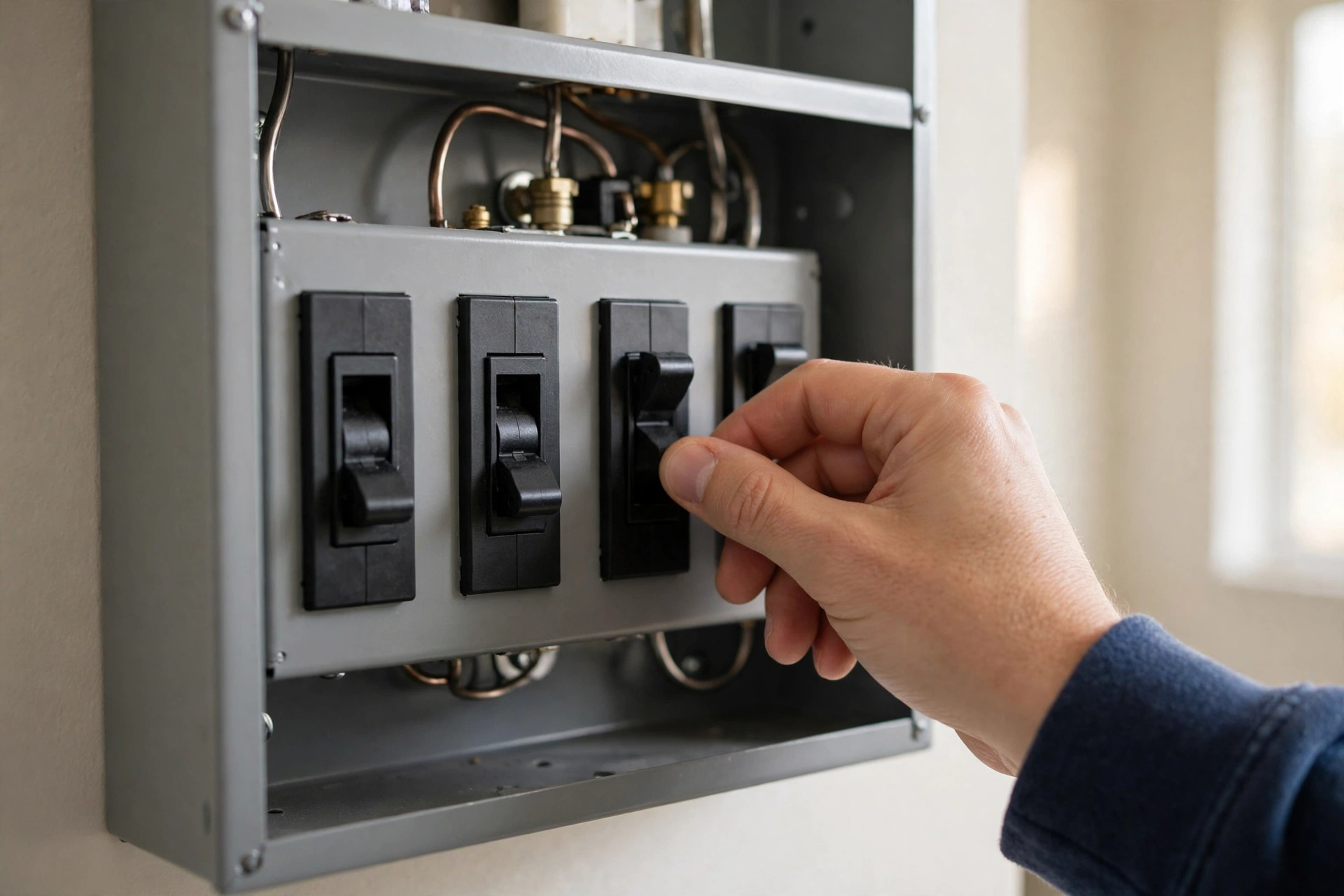 Hand flipping a breaker switch in a home electrical panel